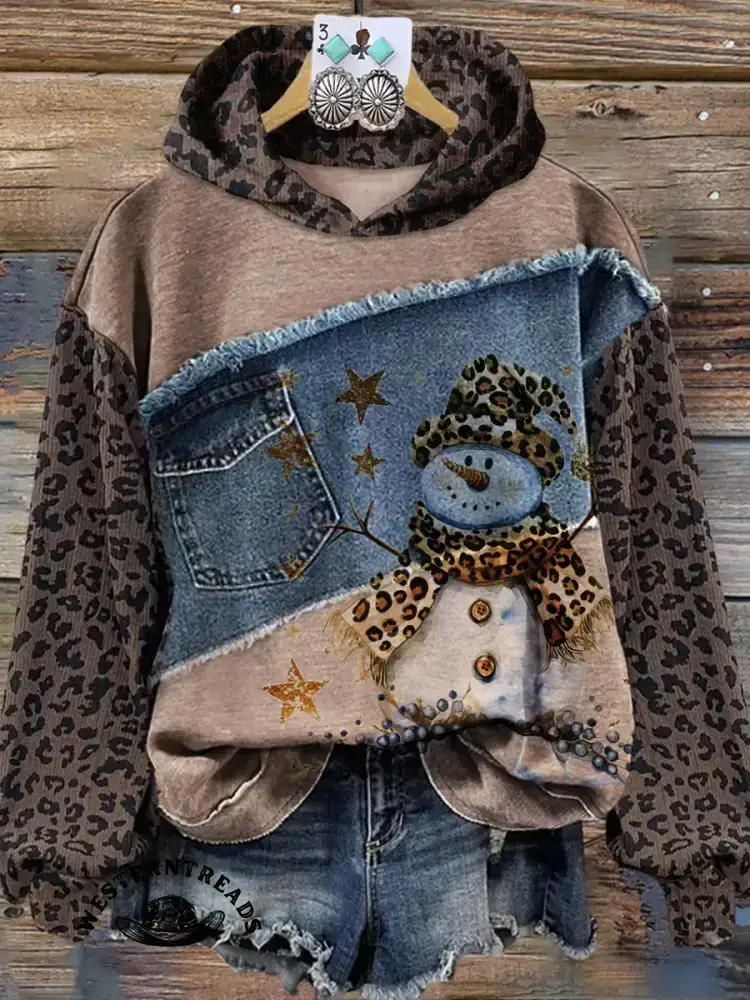Vintage Contrast Print Patchwork Denim Leopard Print Christmas Sweatshirt - Image 7