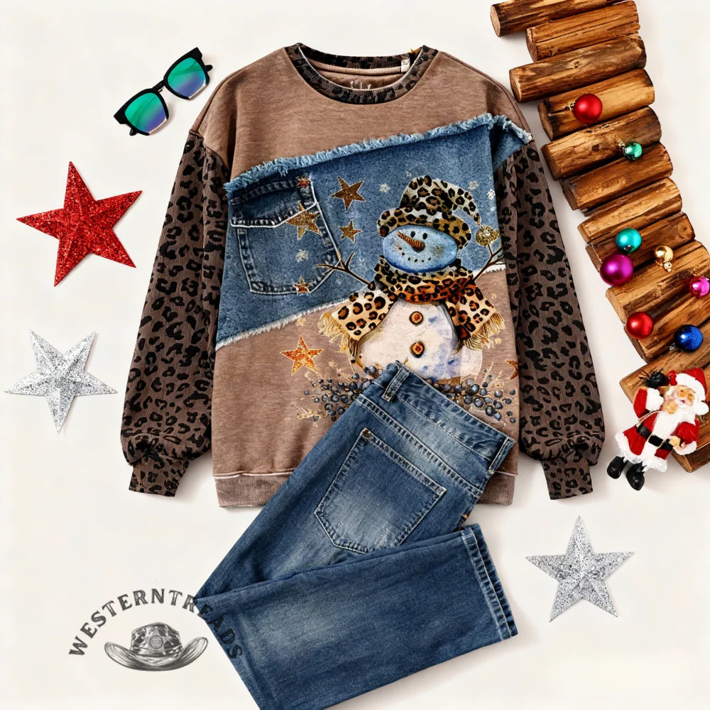 Vintage Contrast Print Patchwork Denim Leopard Print Christmas Sweatshirt - Image 8