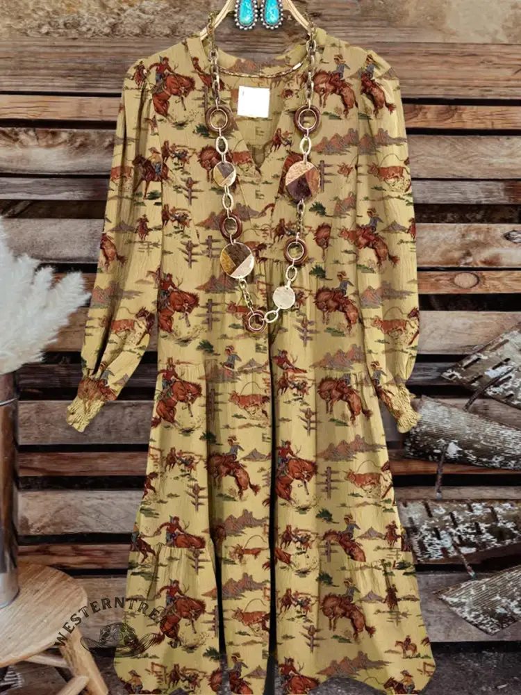 Vintage Contrast Western Style Cotton And Linen Midi Dress