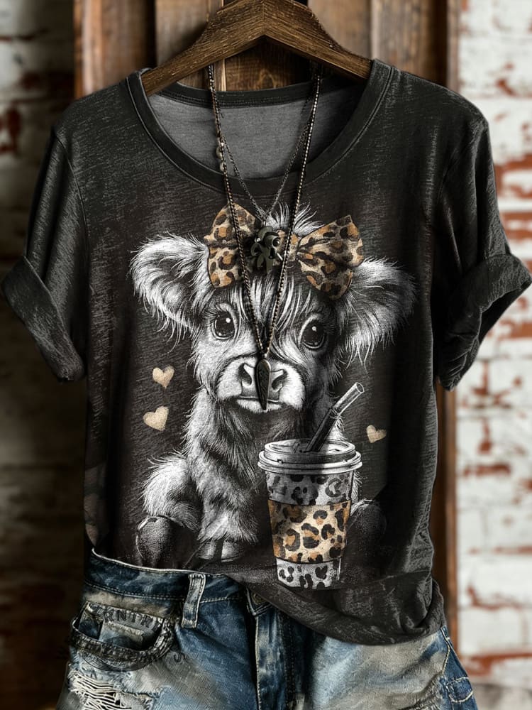 Vintage Cow Art Print Casual Short Sleeve T-shirt
