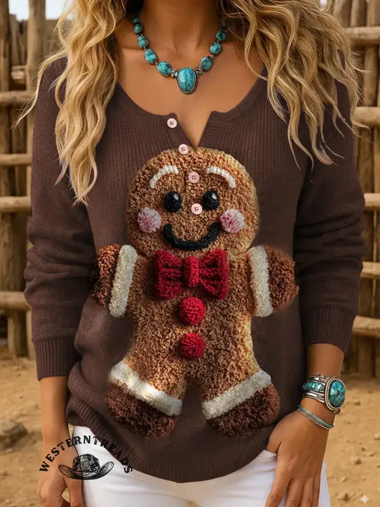 Vintage Cute Christmas Gingerbread Man Prints Casual Cotton Sweatshirt - Image 3
