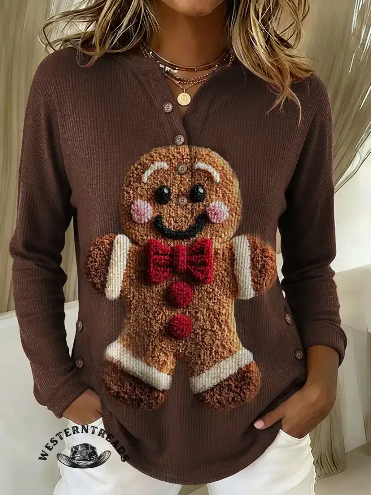 Vintage Cute Christmas Gingerbread Man Prints Casual Cotton Sweatshirt - Image 4