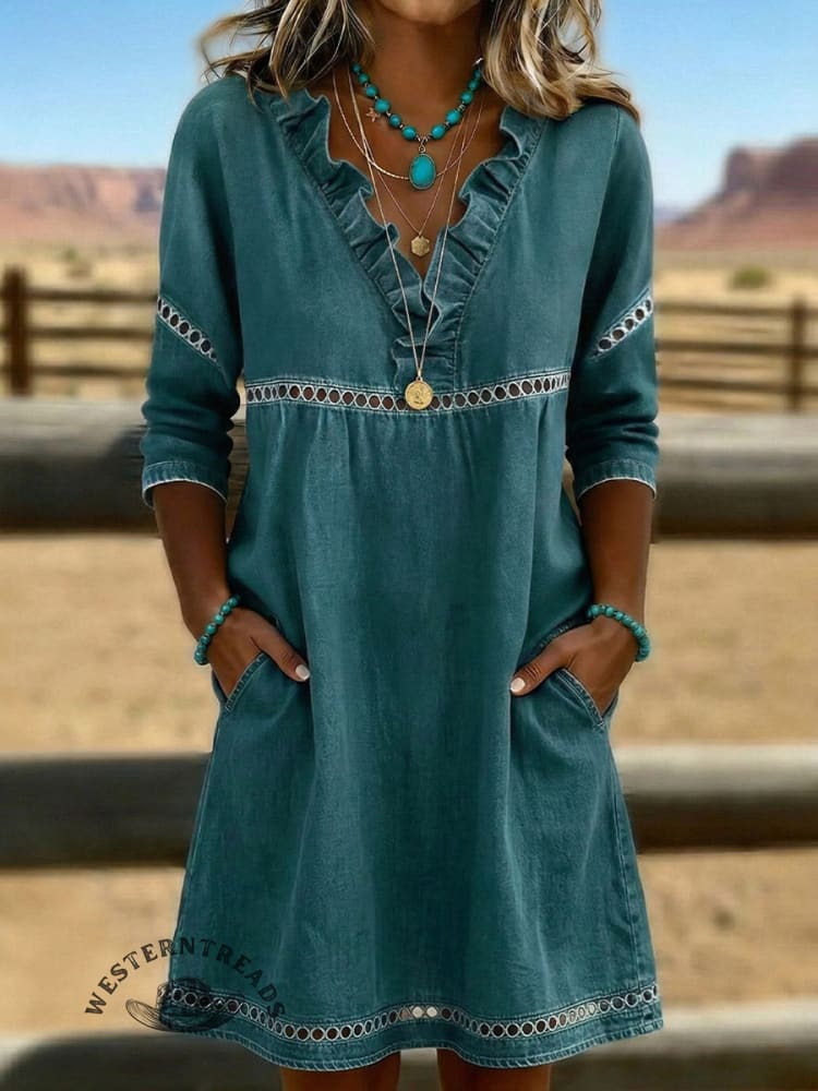 Vintage Denim Ruffles Patchwork Hollowed Out Lace Western Art Mid Dress