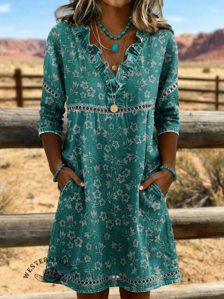 Vintage Denim Ruffles Patchwork Hollowed Out Lace Western Art Mid Dress