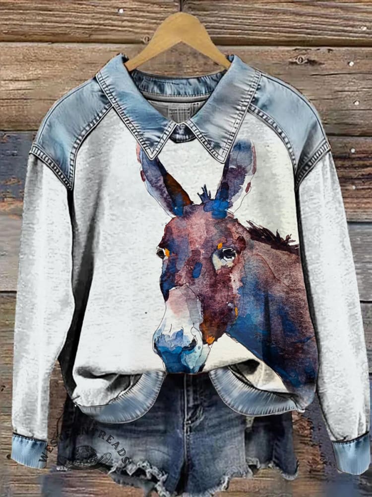 Vintage Donkey Print Patchwork Denim Sweatshirt