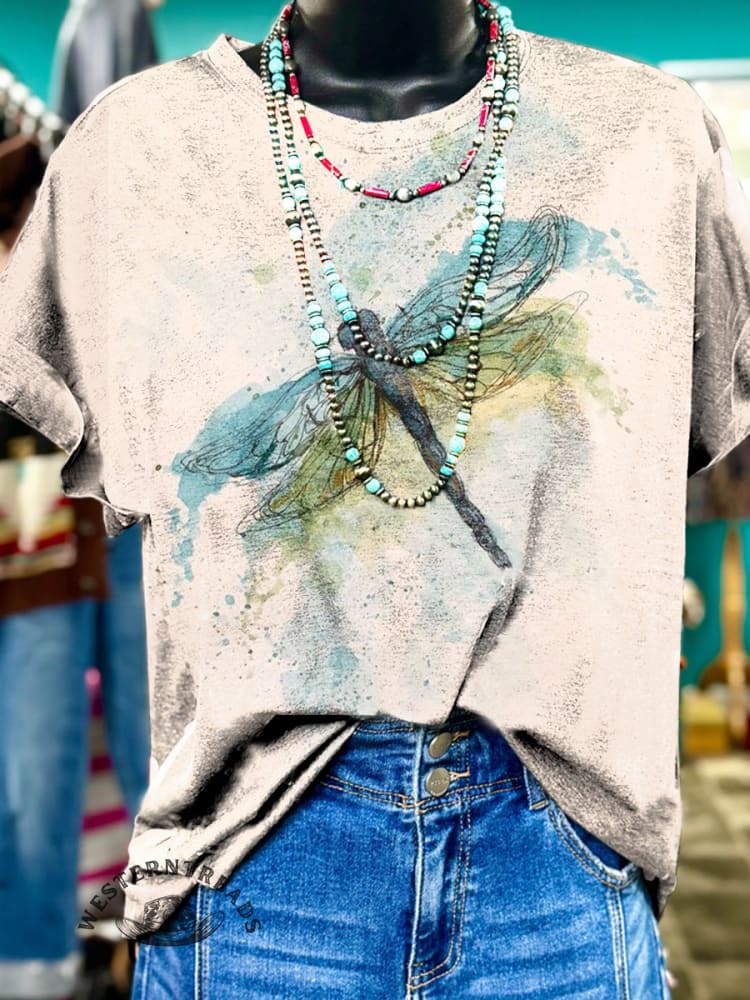 Vintage Dragonfly Art Print Short Sleeve Crew Neck T-shirt