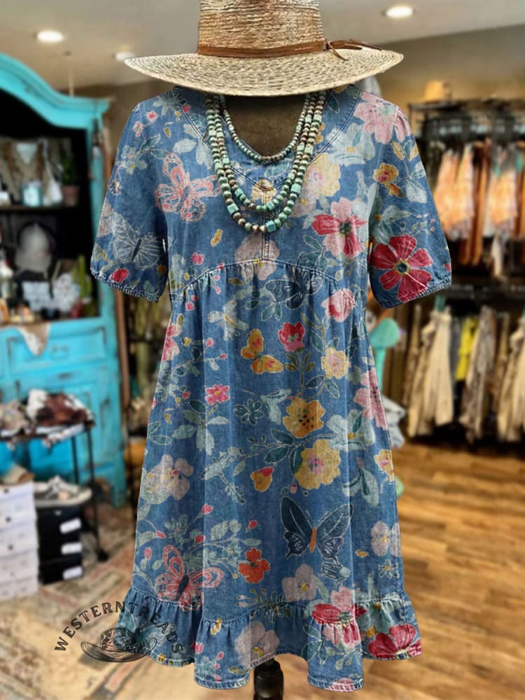 Vintage Elegant Denim Western Aztec Art Mid Dress