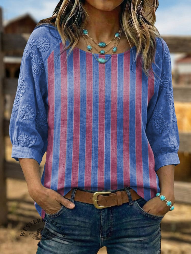 Vintage Elegant Flowers Art Striped Cotton And Linen Shirt