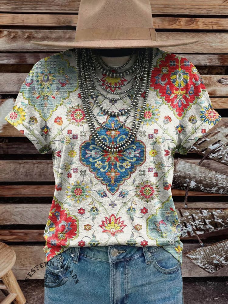 Vintage Elegant Soft Western Flowers Art Cotton T-shirt Top