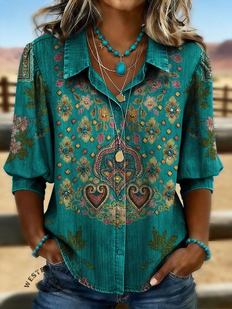 Vintage Ethnic Flowers Print Casual Puff Sleeve Denim Shirt