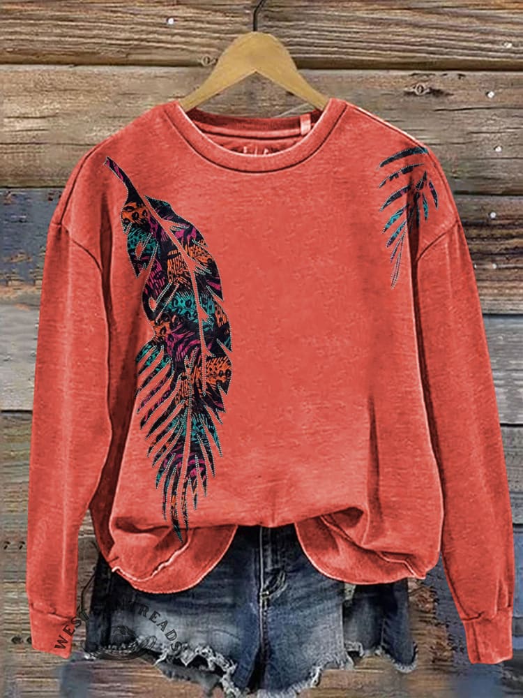 Vintage Feather Print Casual Cotton Sweatshirt