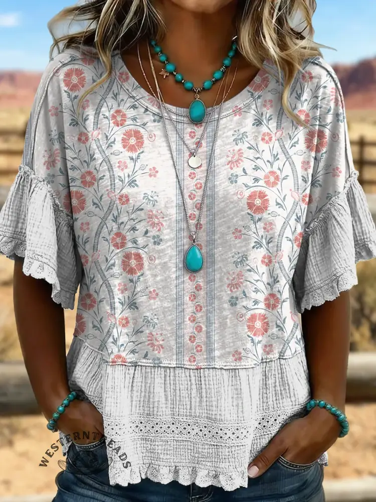 Vintage Floral Art Hollowed Out Lace Patchwork T-shirt