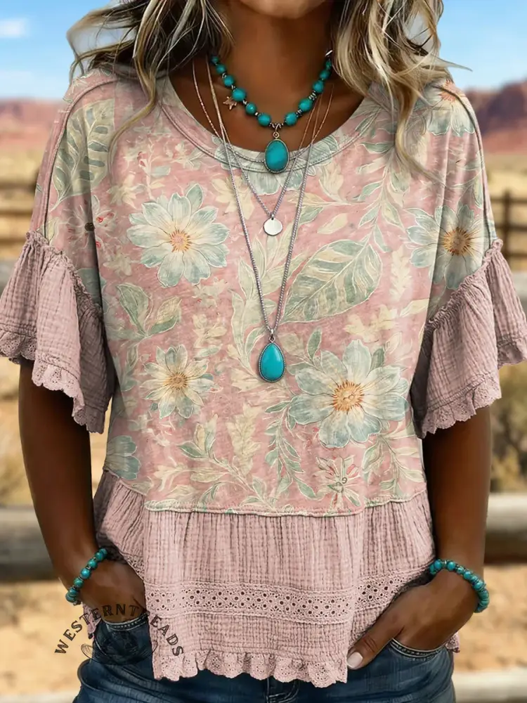 Vintage Floral Art Hollowed Out Lace Patchwork T-shirt