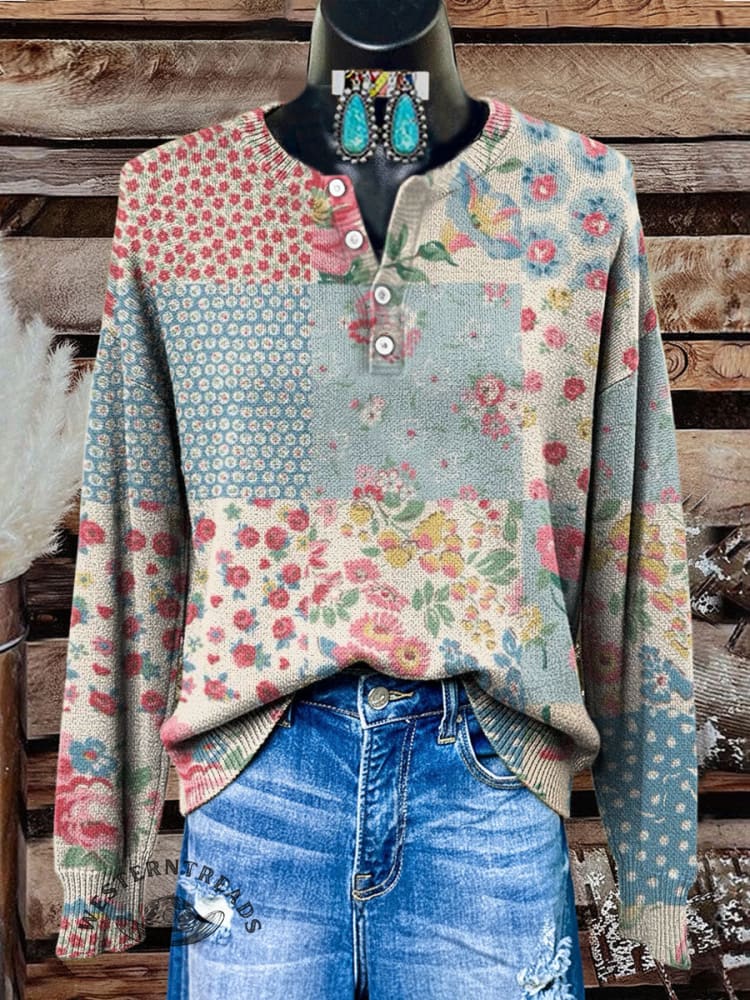 Vintage Floral Art Print Buttoned Cardigan Sweater