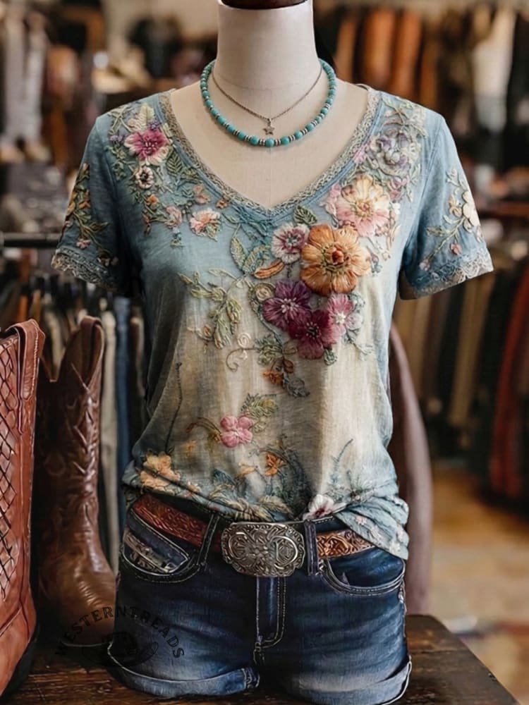 Vintage Floral Art Print Casaul Short Sleeve T-shirt