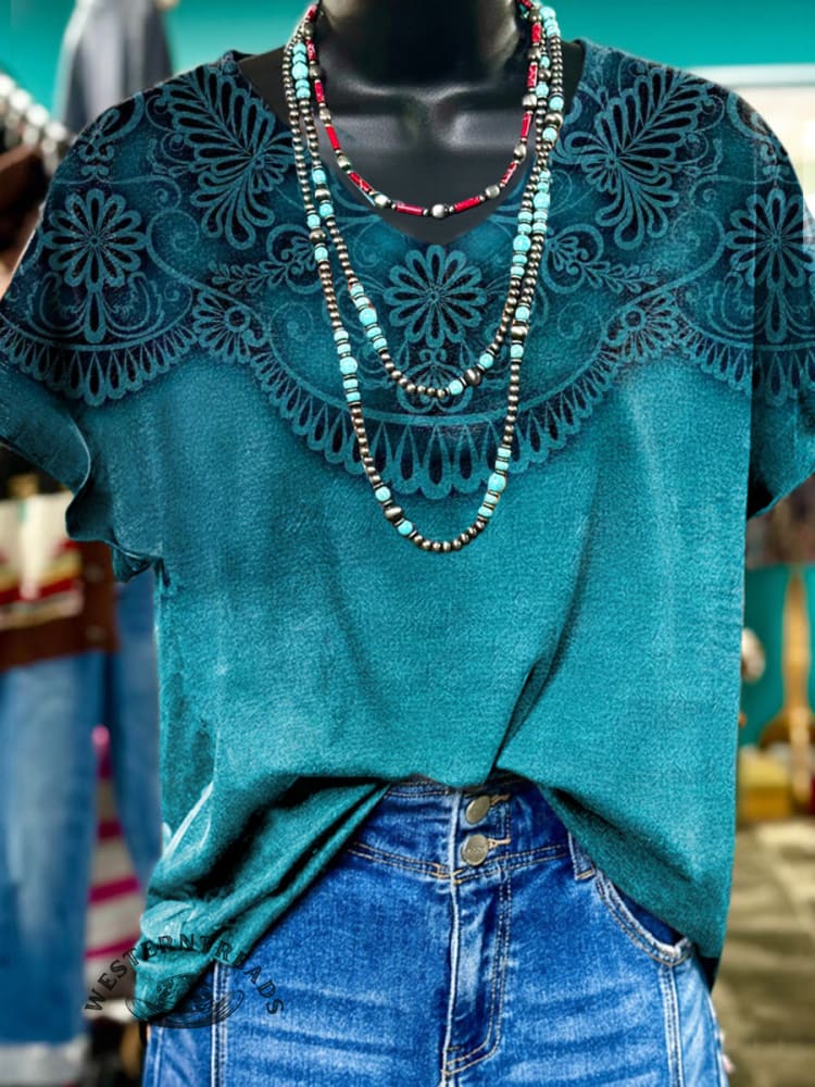 Vintage Floral Art Print V-neck Casaul T-shirt