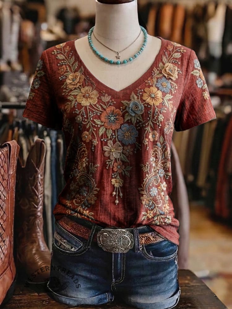 Vintage Floral Art Print Casaul Short Sleeve T-shirt