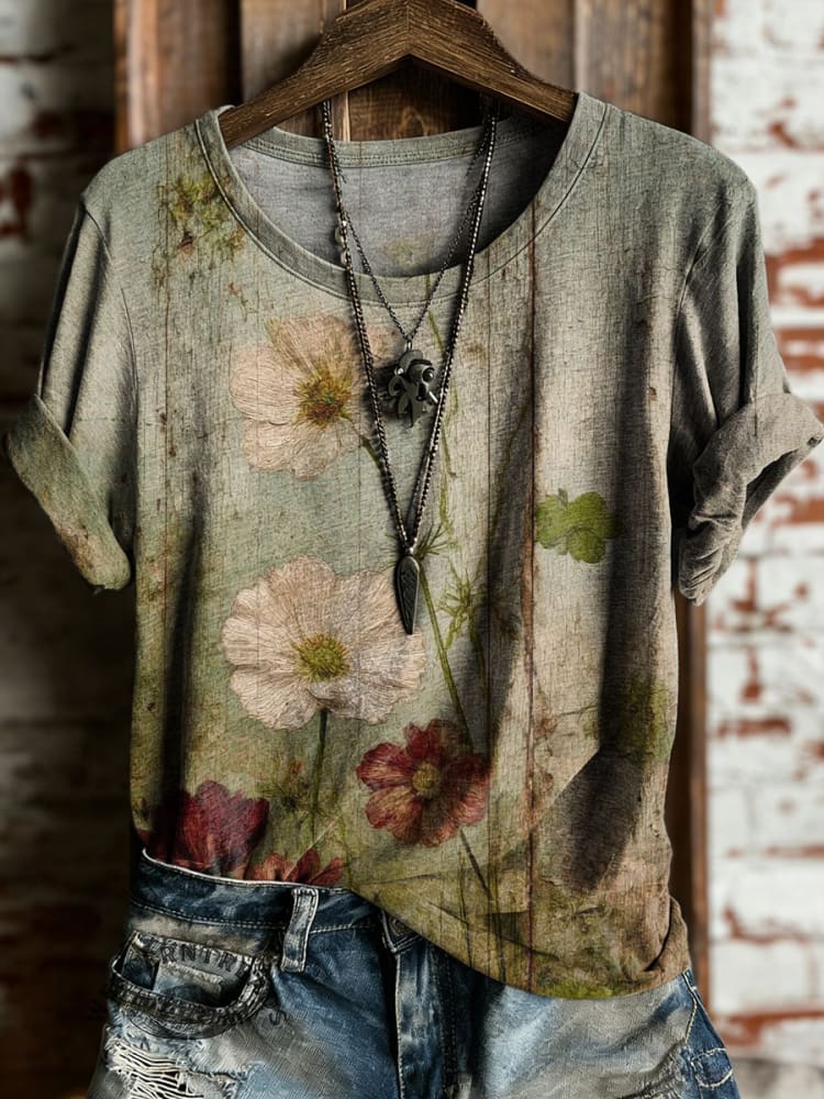Vintage Floral Art Print Casual Short Sleeve T-shirt