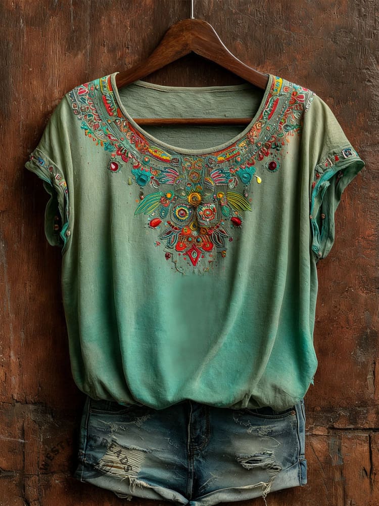 Vintage Floral Art Print Casual Short Sleeve T-shirt