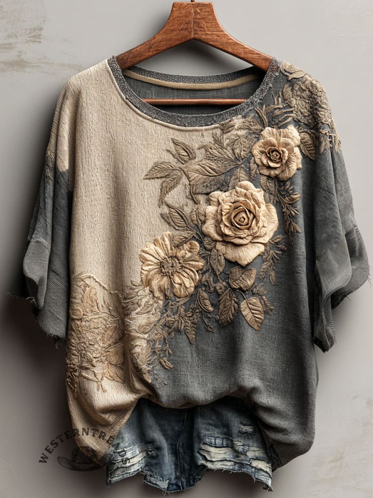 Vintage Floral Art Print Casual Short Sleeve T-shirt