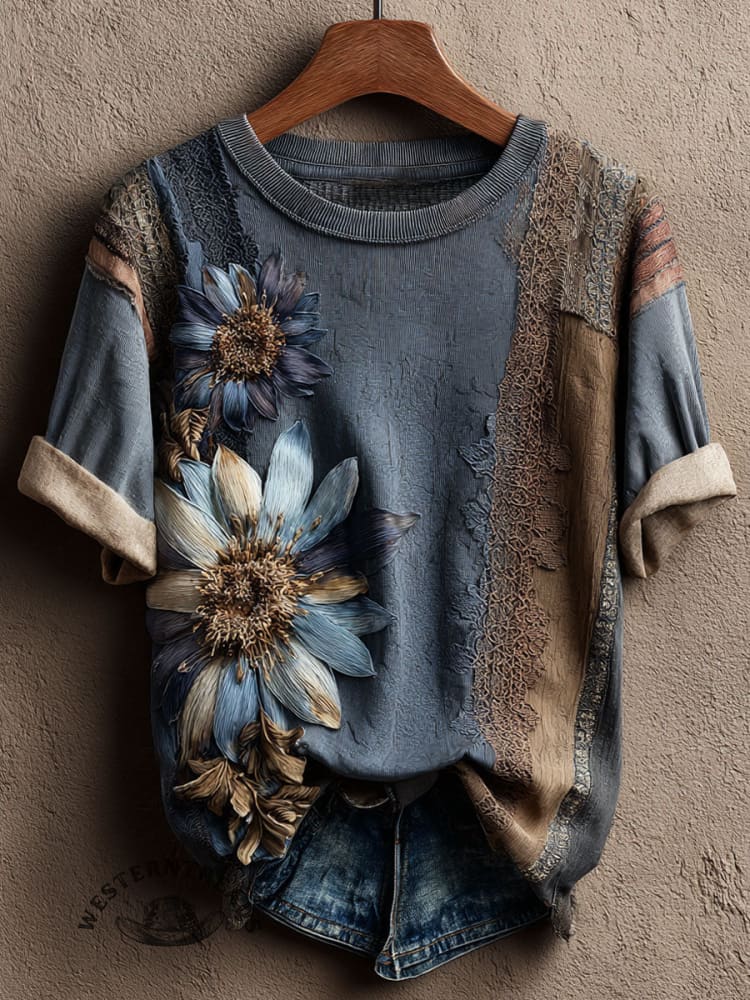 Vintage Floral Art Print Casual Short Sleeve T-shirt