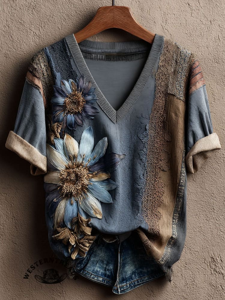 Vintage Floral Art Print Casual Short Sleeve T-shirt - Image 2