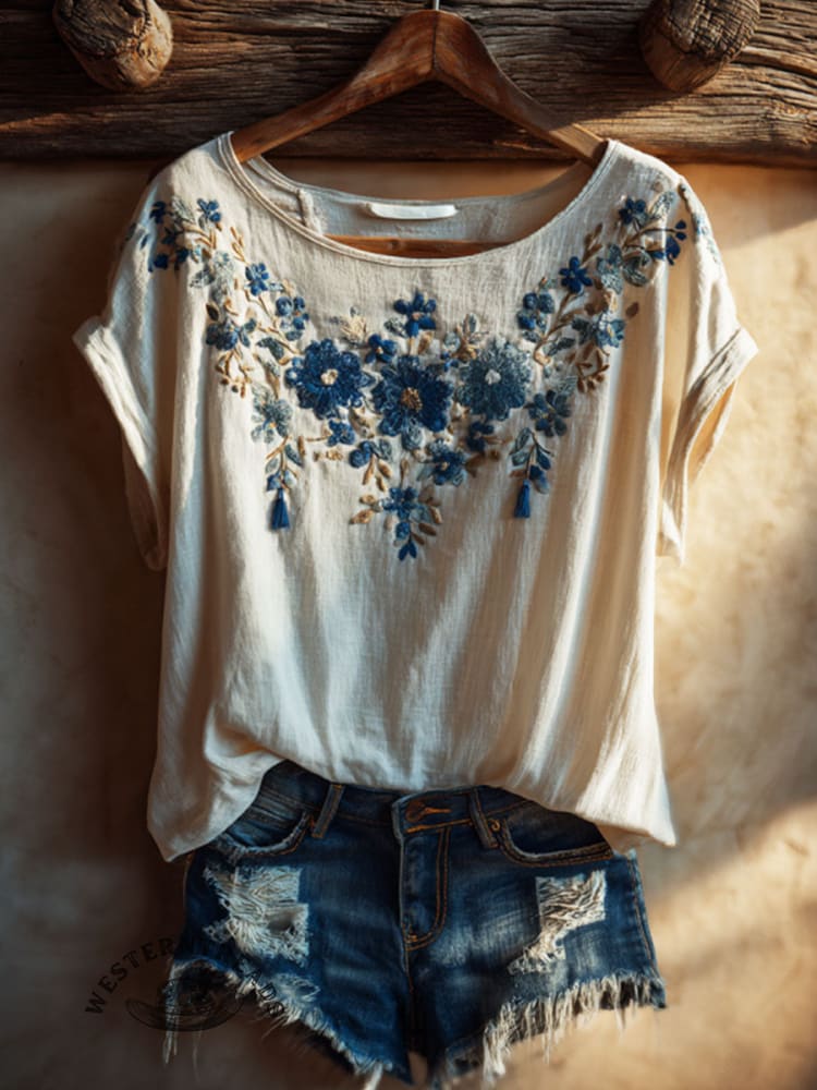 Vintage Floral Art Print Casual Short Sleeve T-shirt