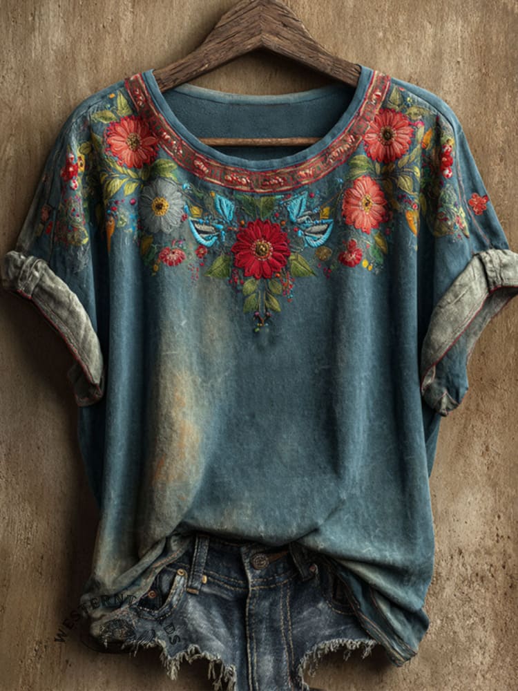 Vintage Floral Art Print Casual Short Sleeve T-shirt