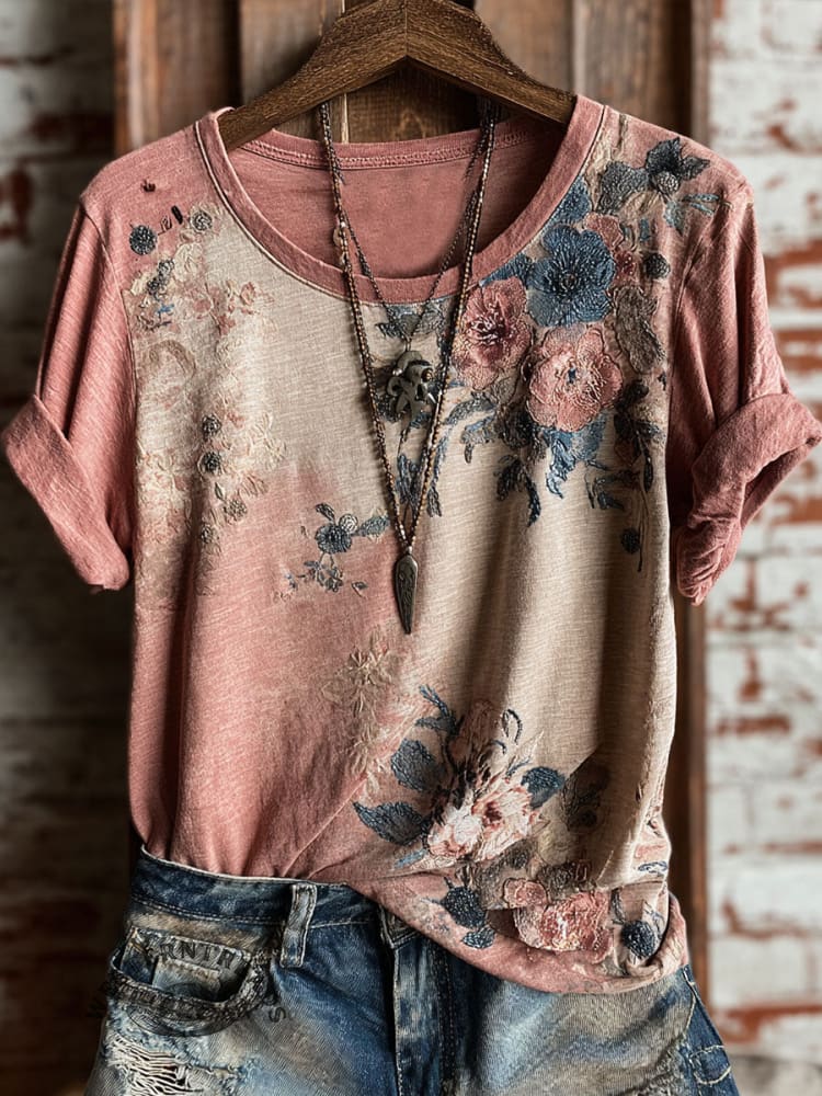 Vintage Floral Art Print Casual Short Sleeve T-shirt