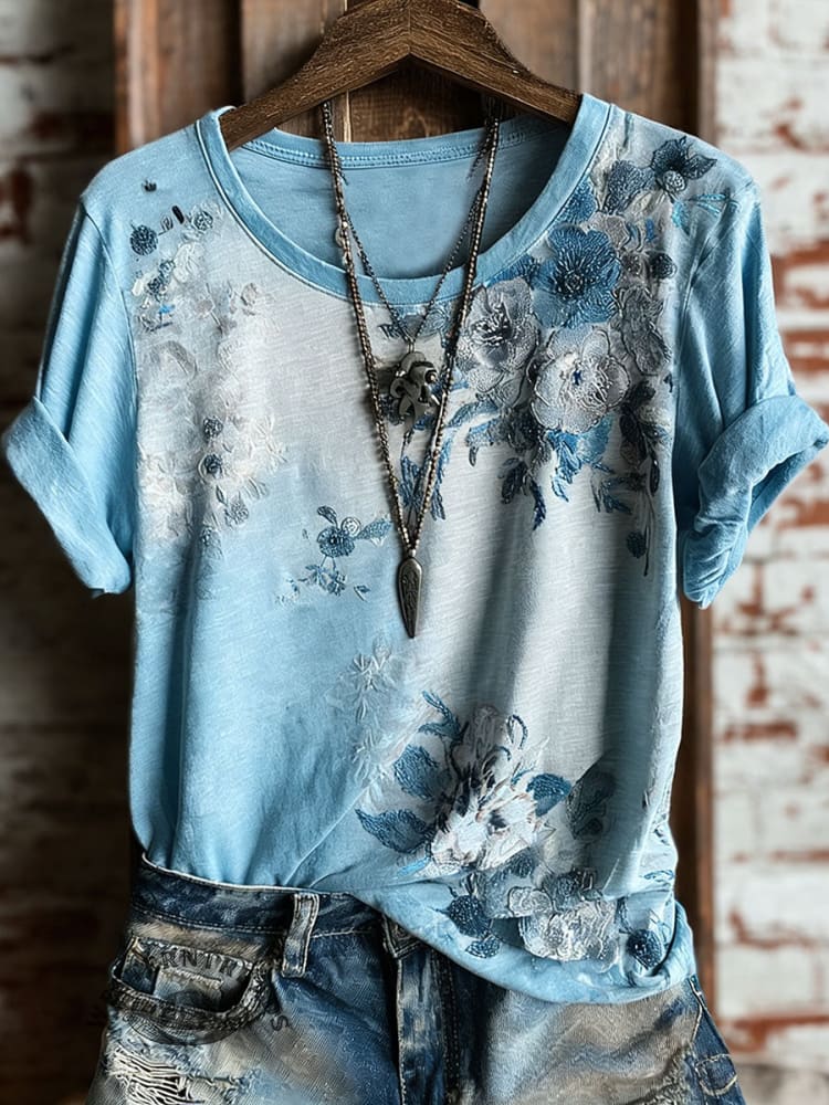 Vintage Floral Art Print Casual Short Sleeve T-shirt - Image 3