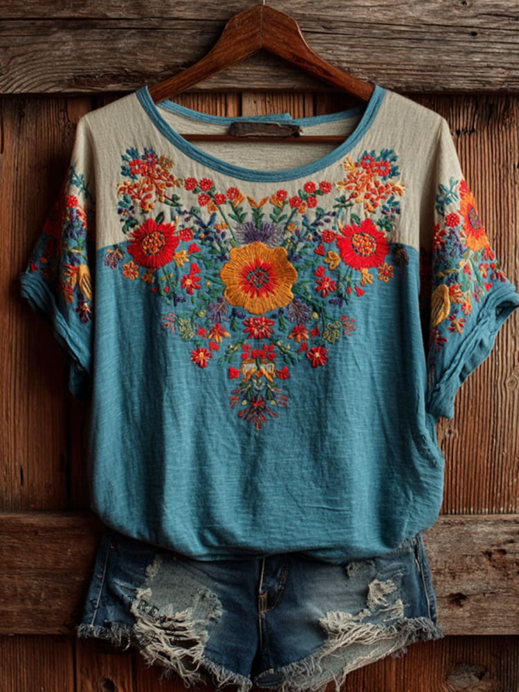 Vintage Floral Art Print Casual Short Sleeve T-shirt