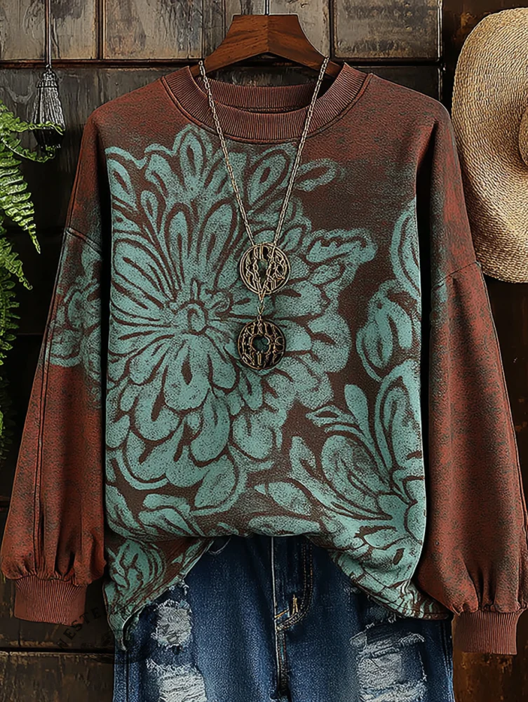 Vintage Floral Art Print Casual Sweatshirt