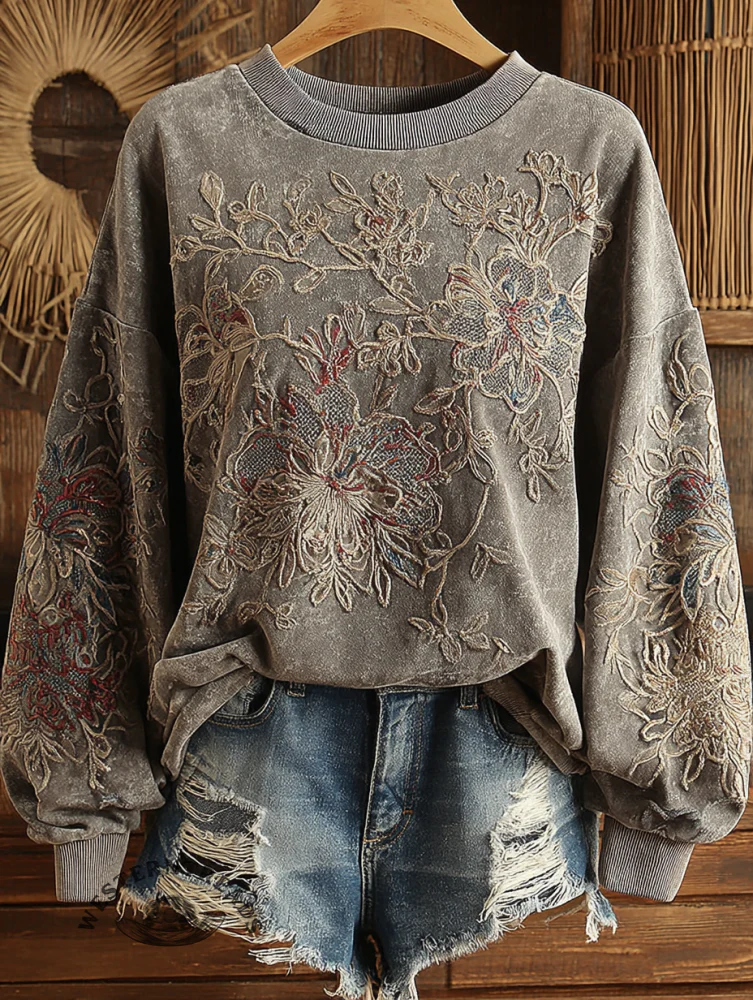 Vintage Floral Art Print Casual Sweatshirt