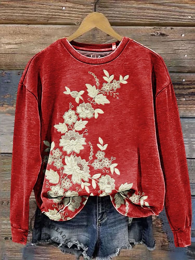 Vintage Floral Art Print Casual Sweatshirt