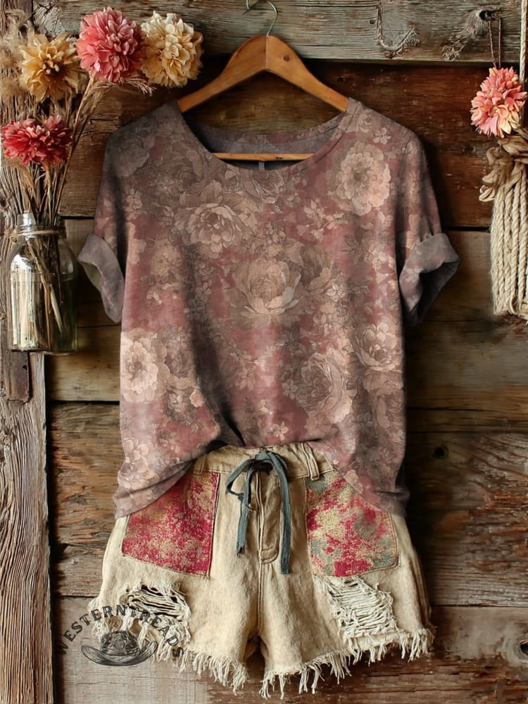 Vintage Floral Art Print Casual T-shirt