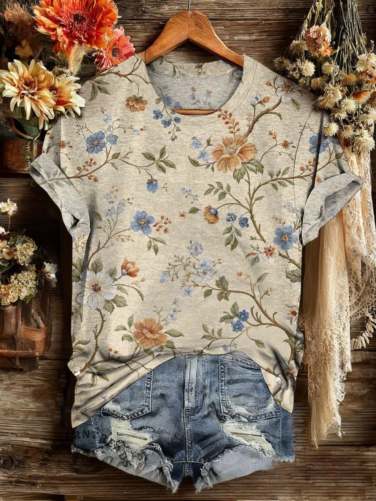 Vintage Floral Art Print Casual T-shirt