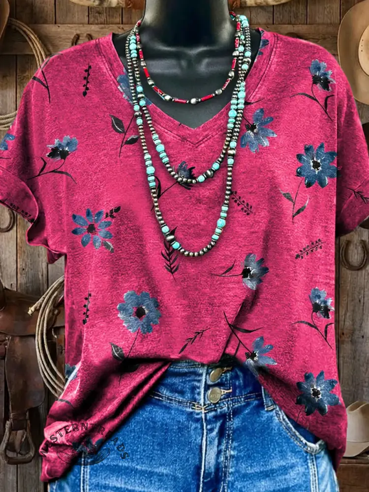 Vintage Floral Art Print V-neck T-shirt