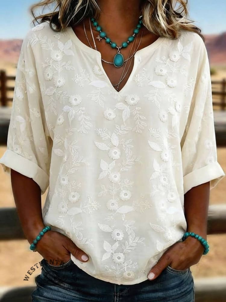 Vintage Floral Embroidered Notch Neck Half Sleeve Blouse
