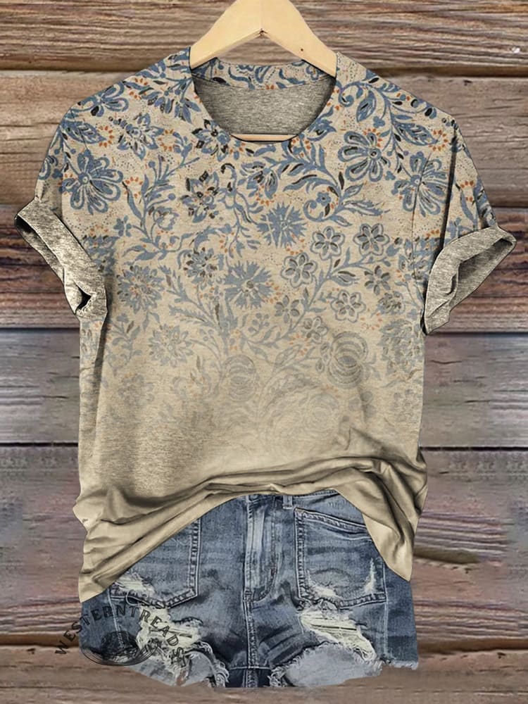 Vintage Floral Gradient Print Casual T-shirt