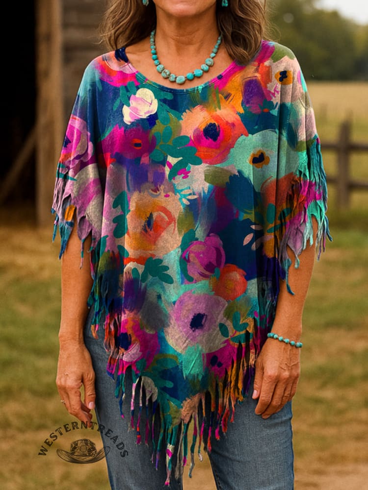 Vintage Floral Print Batwing Tassel Fringed Poncho Top