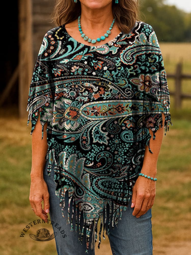 Vintage Floral Print Batwing Tassel Fringed Poncho Top