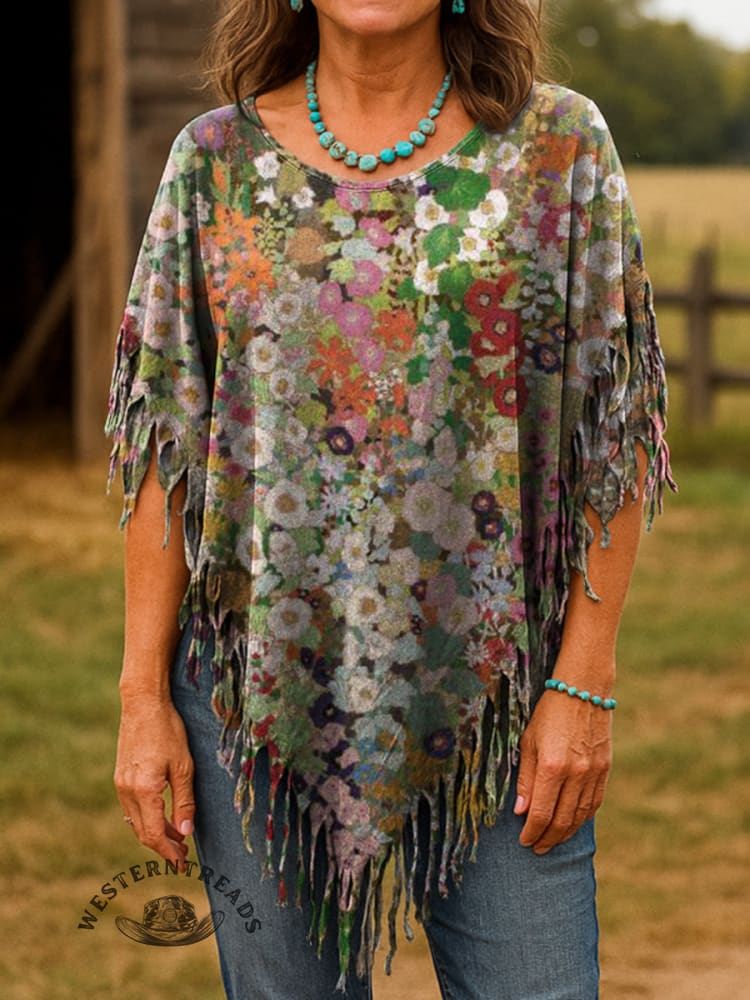 Vintage Floral Print Batwing Tassel Fringed Poncho Top