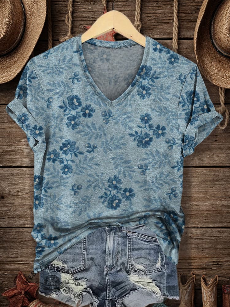 Vintage Floral Print Casaul Short Sleeve T-shirt