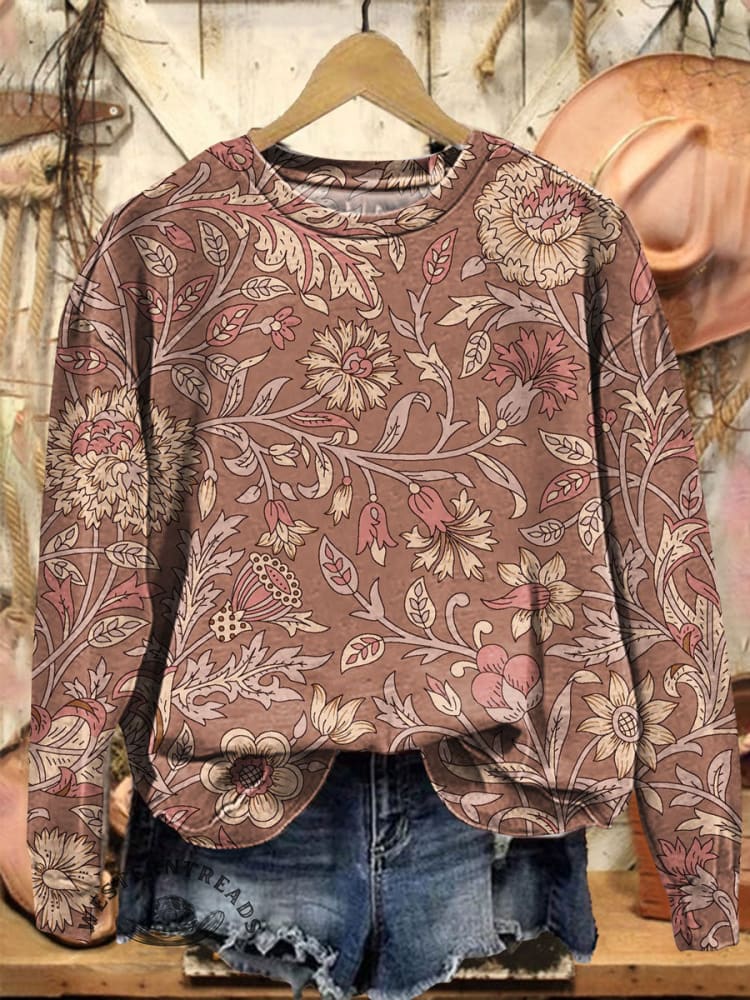 Vintage Floral Print Casual Cotton Sweatshirt