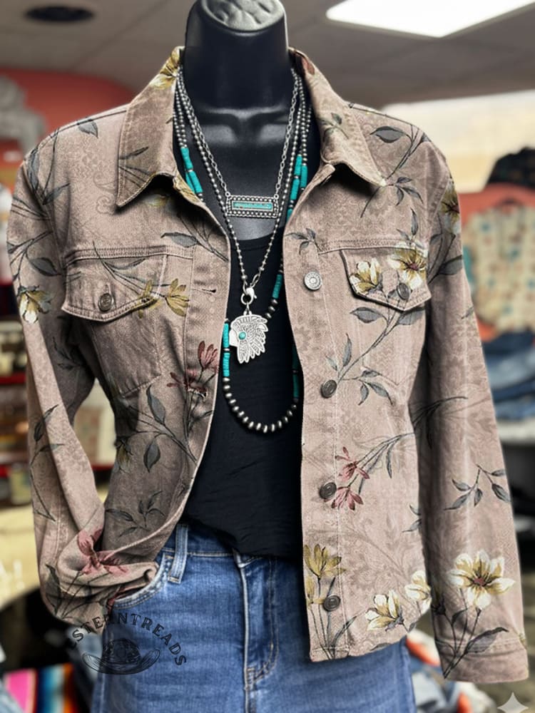 Vintage Floral Print Casual Denim Jacket