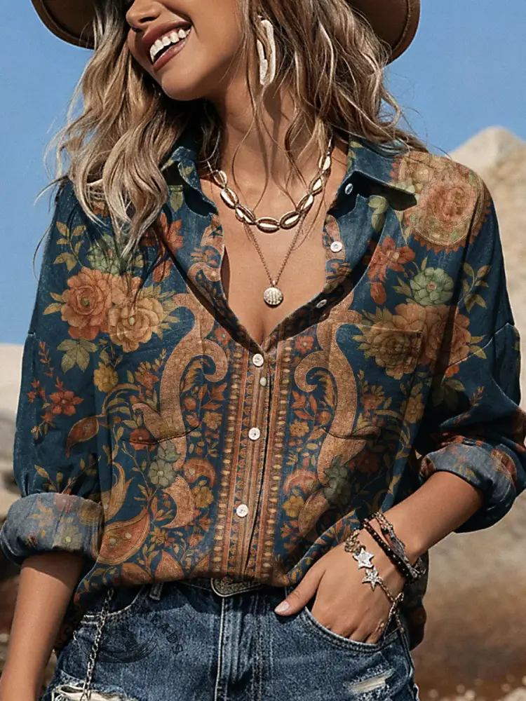 Vintage Floral Print Casual Long Sleeve Comfortable Cotton Shirt