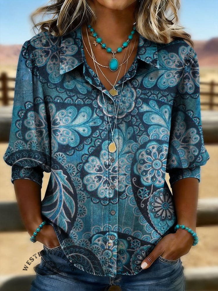 Vintage Floral Print Casual Puff Sleeve Denim Shirt