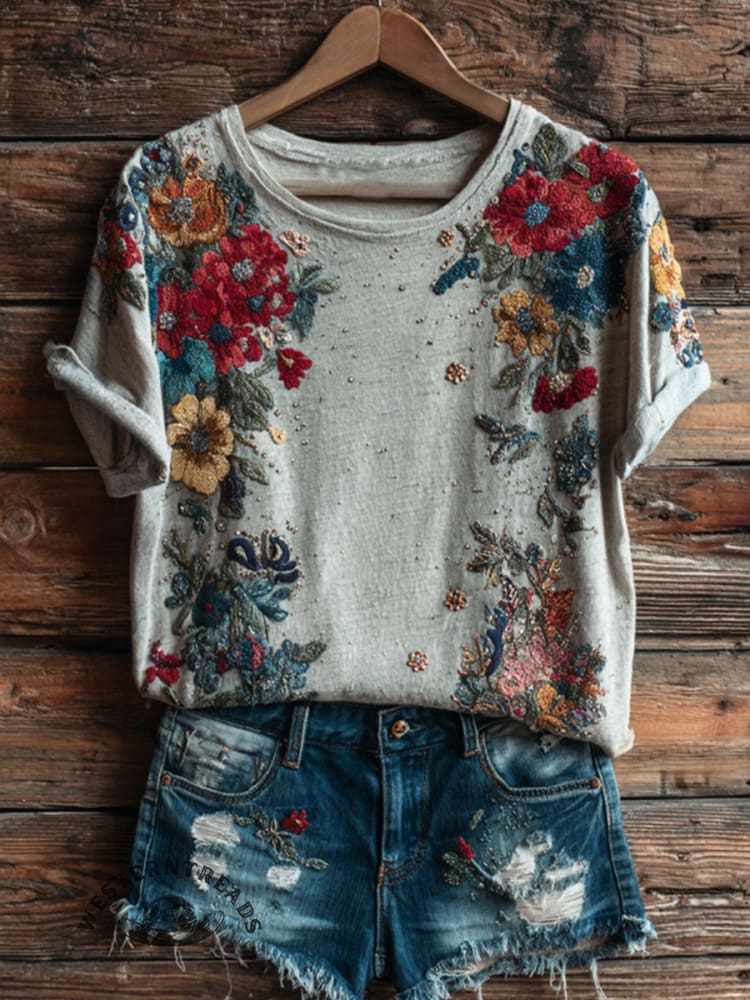 Vintage Floral Print Casual Short Sleeve T-shirt