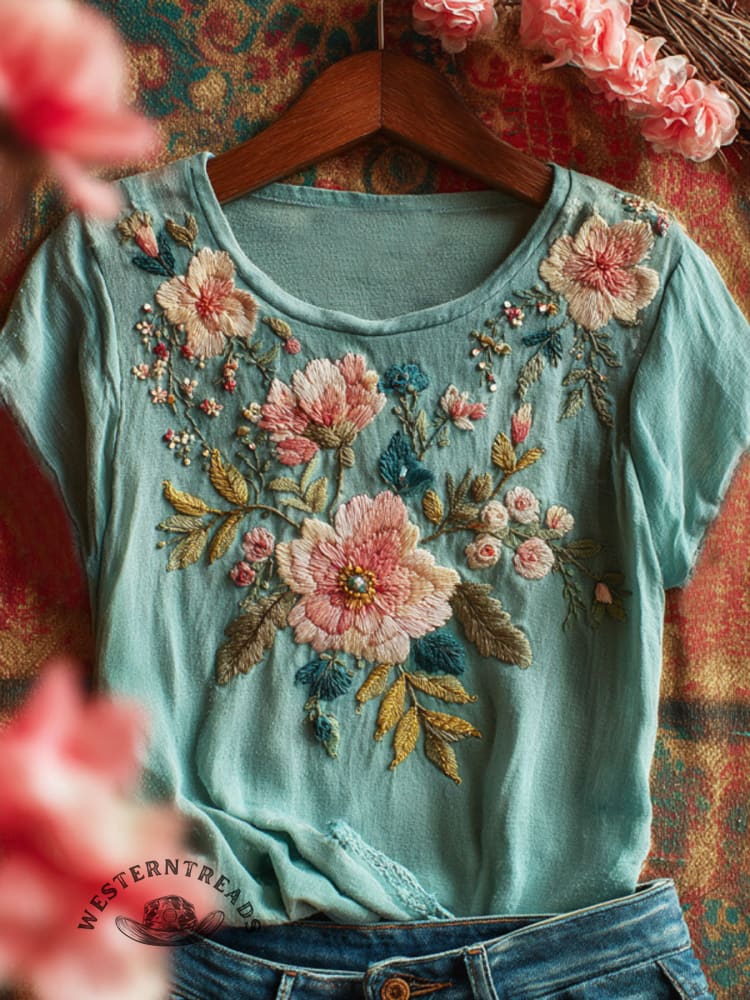 Vintage Floral Print Casual Short Sleeve T-shirt