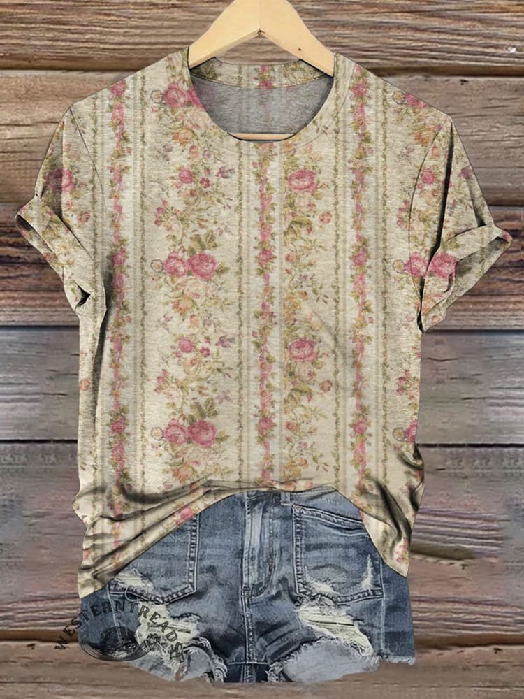 Vintage Floral Print Casual Short Sleeve T-shirt